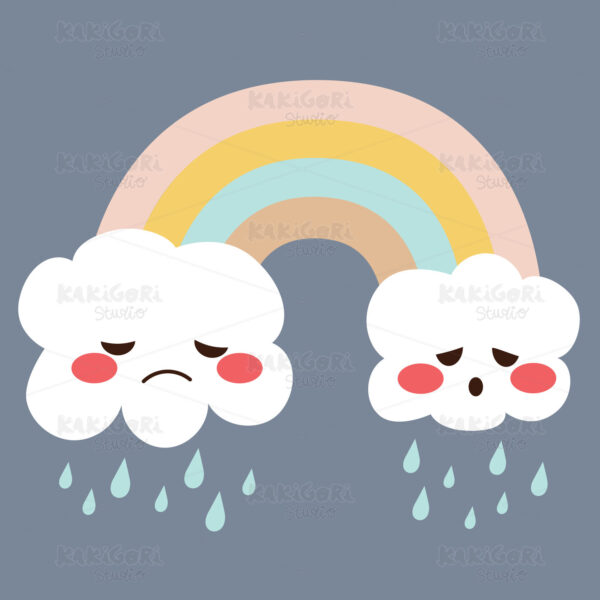 Cute Sad Rain Clouds Rainbow Clipart Vector Illustration 05415